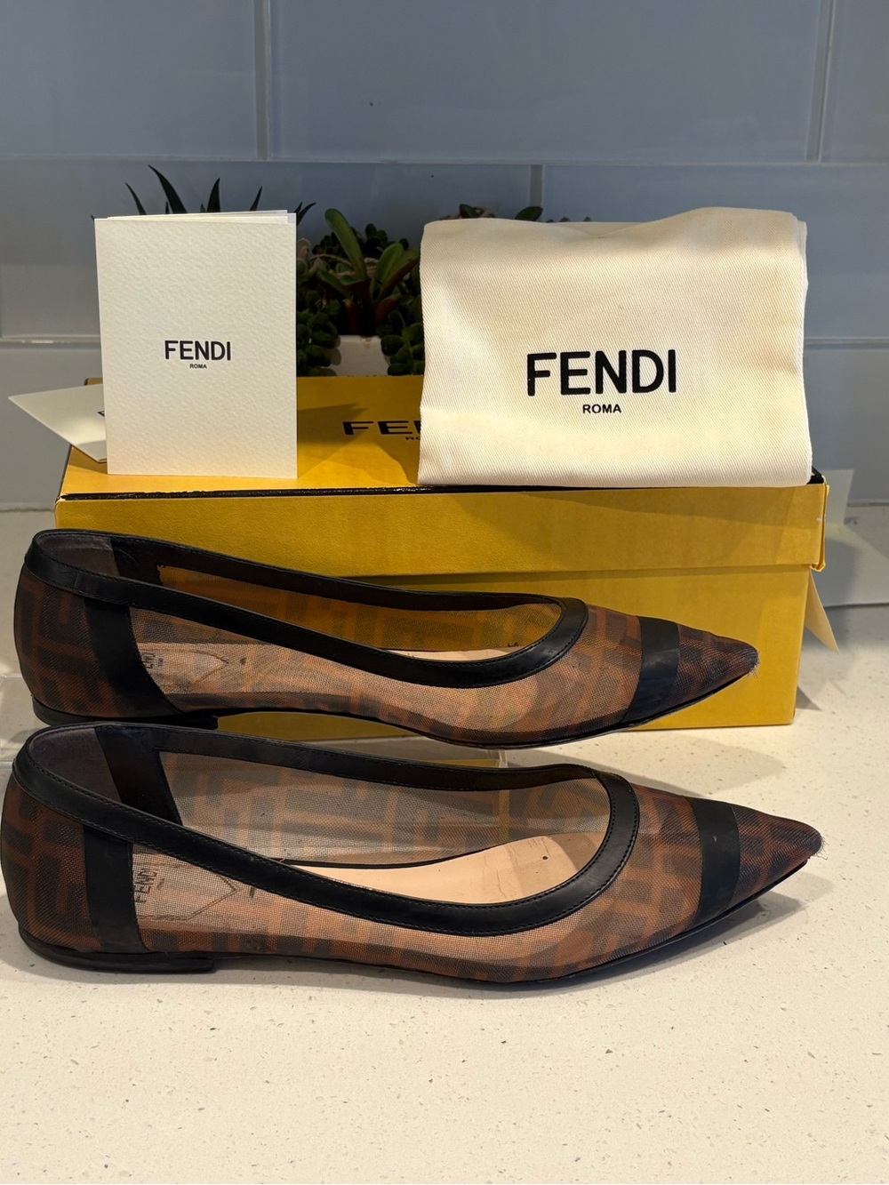 FENDI BALLERINA RETE ST.FF+VITELLO GOMMATO TABACCO MORO+NERO SZ 39.5